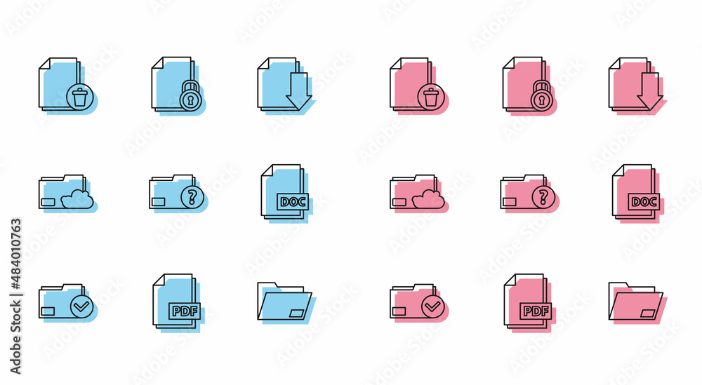 Set line Document folder and check mark, PDF file document, Delete, Unknown, DOC, Cloud storage text and lock icon. Vector Set line Document folder and check mark, PDF file document, Delete, Unknown, DOC, Cloud storage text and lock icon. Vector