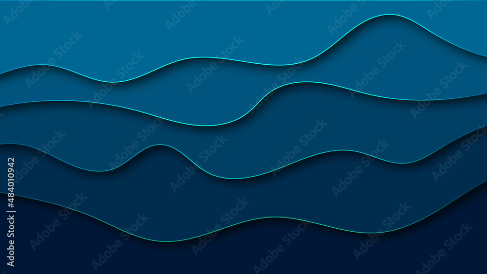 Abstract background of Papercut style smooth background.  Dark blue gradient wave paper cut-out design.