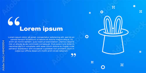 White line Magician hat and rabbit ears icon isolated on blue background. Magic trick. Mystery entertainment concept. Vector
