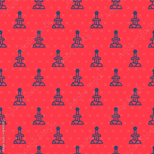Blue line Sword in the stone icon isolated seamless pattern on red background. Excalibur the sword in the stone from the Arthurian legends. Vector