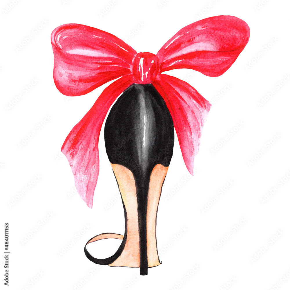 sketch of black stylish high-heeled shoes with red bow, watercolor ...