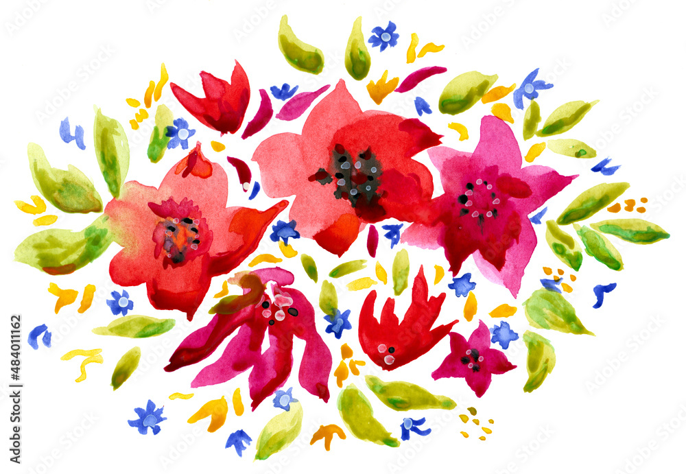Watercolor flower bouquet isolated on white background. Large abstract red flowers and small blue ones are surrounded by green foliage.