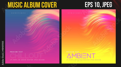 Music Album Cover. Abstract Vector Design of CD Cover and Vinyl Record. Picture Vinyl. Matte Album Cover Art Templates. Futuristic  Color Visual Neon Elements . Vintage Retro Background and Texture.	