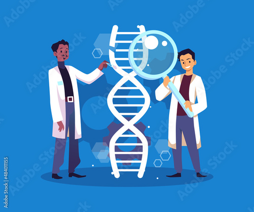 Male doctors or scientists working on DNA engineering, flat vector illustration isolated on blue background.