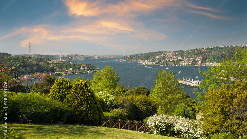 Spring landscape in Istanbul. The view of the Bosphorus bridge from Otagtepe.The most popular view point of Istanbul. Turkey 