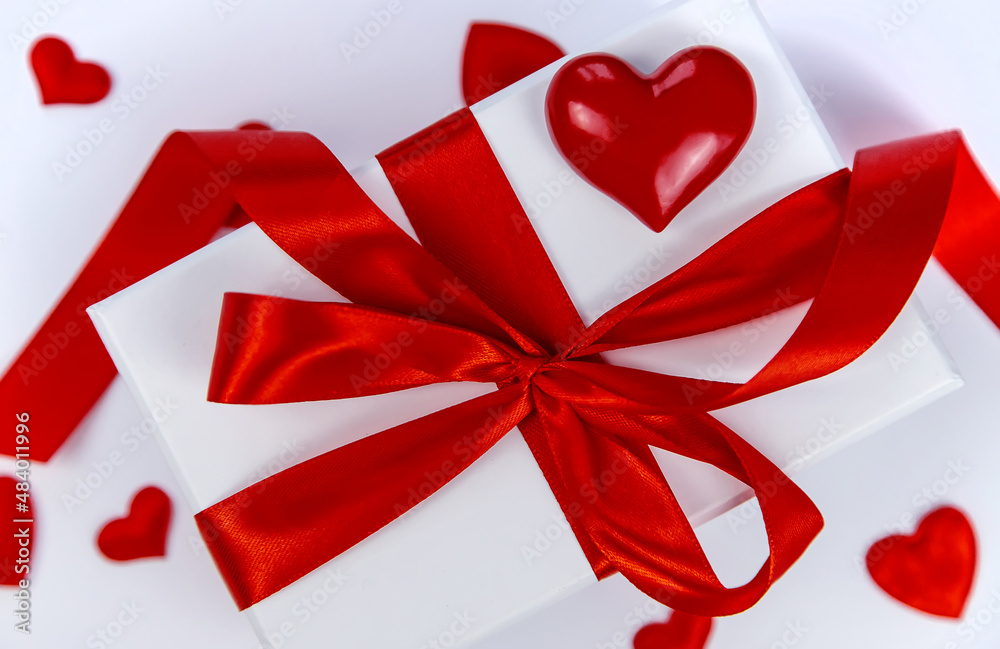 Background isolate with hearts and gift. Valentine's Day. Selective focus.