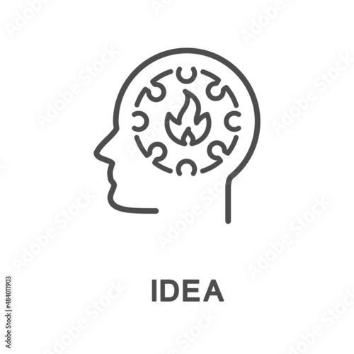 Icon – idea. The main think for building a complete image. A fire and puzzle elements are a concept for the development of an idea. The thin contour lines.