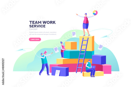 Teamwork Training Program. Vector Illustration of Team at Work with Flat Cartoon Characters
