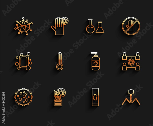 Set line Virus, DNA symbol and virus, Blood test, Bacteria bacteriophage, Medical thermometer, spread and Bottle of liquid antibacterial soap icon. Vector