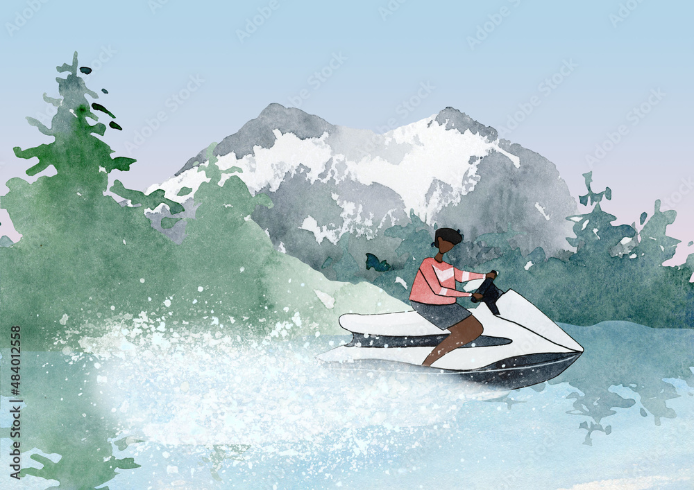 summer lake activities clipart, black man driving jet ski, travel clipart, watercolor mountain lake camp clip art, ocean trip