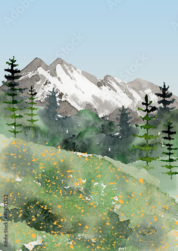 landscape clipart, watercolor mountain lake clipart, forest background clip art, summer nature digital printable image, lake painting