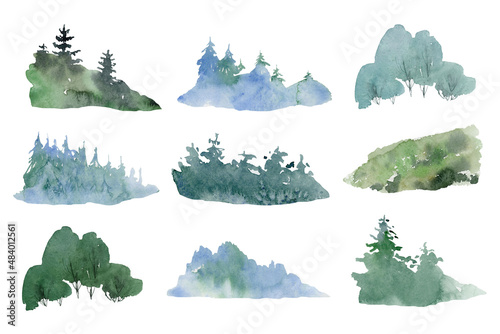 watercolor landscape clipart, mountain forest clip art, tree illustration png, background creator, summer nature printable painting, isolated elements on white background