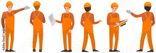 Engineer, production worker in working suit. Technician, electrician, builder works in uniform. Factory employee commands, works with equipment. Male worker, technologist stands in different poses