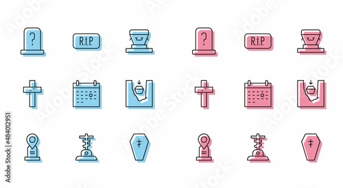 Set line Location grave, Grave with cross, tombstone, Coffin, Calendar death, Christian and Speech bubble rip icon. Vector
