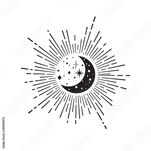 Hand Drawn Half Moon with Sun and Stars Illustration. Vector Celestial Logo. Night Sky Clip Art