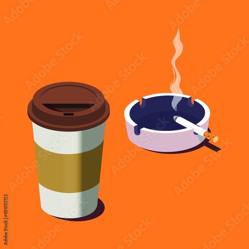 Paper cup of fresh coffee, ceramic ashtray and smoking cigarette. Isometric vector illustration.