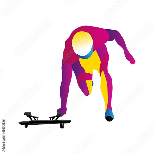 Cartoon illustration of an abstract man riding a two-strip sled on an ice chute on blue background. skeleton