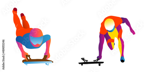 Cartoon illustration of an abstract man riding a two-strip sled on an ice chute on blue background. skeleton