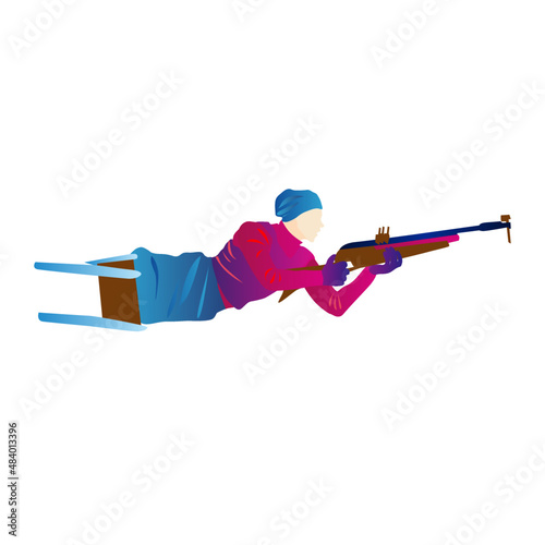 Cartoon illustration of an abstract faceless disabled woman on a sled. Biathlon