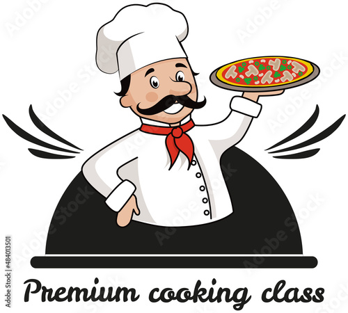 Culinary logo for company and restaurant. Premium cooking class design elements. Kitchen emblem, food studio label. Italian cuisine lessons concept. Culinary school badge with pizza maker holding dish