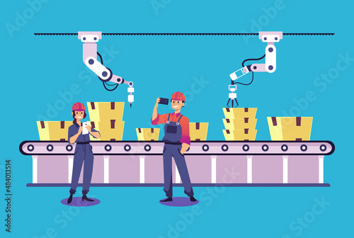 Robotic hands packing boxes on smart factory conveyor, isolated flat vector illustration.