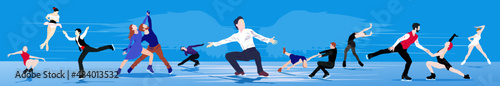 Set of cartoon character abstract people skating on ice on abstract blue background