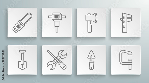 Set line Shovel, Construction jackhammer, Screwdriver and wrench, Trowel, Clamp screw tool, Wooden axe, Calliper or caliper scale and Chainsaw icon. Vector