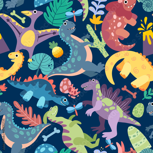 Dark blue seamless pattern with cute cartoon dinosaurs. Background, wallpaper, textile, fabric with funny dino. © Marina.Ka