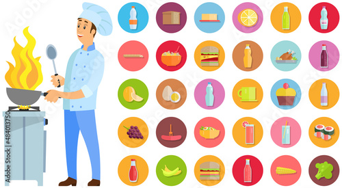 Man preparing dish on fire, hot wog meal. Professional chef works with kitchen equipment to prepare food. Male character fries barbecue dish. Grill ingredients and equipment vector illustration