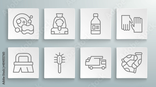 Set line Brush for cleaning, Cleaning lady service, Toilet brush, Garbage truck, Socks, Bottle agent, Rubber gloves and Washing dishes icon. Vector