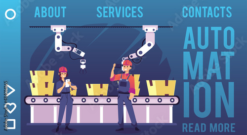 Happy factory workers relaxing while robotic hand packs boxes on conveyor, landing page flat vector illustration.
