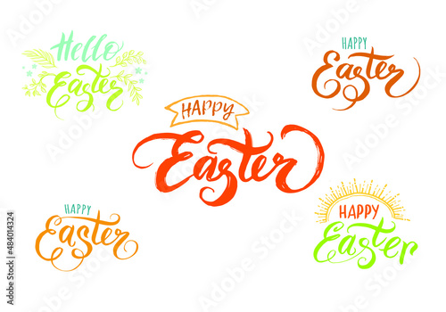 Set lettering - Happy Easter  Hello Easter. Holiday label set calligraphy vector illustration.