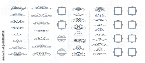 Vintage set decor elements for wedding cards, decorating valentines, vector framing title of different printed products. Vintage patterns, frames and weaves on a white background. Round business icons