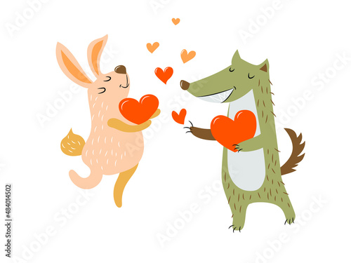 A pair of cute dancing animals in love - a hare and a wolf  holding a heart in their paws.