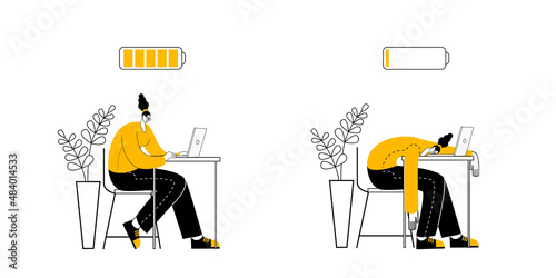 A cheerful woman is working at a computer, and a tired woman is sleeping at an open laptop. Vector illustration in contour style on the theme of workaholism and fatigue.