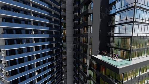 3D, Corporation employees in break on office buildings terrace and balcony