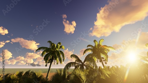 Palm trees with helicopter above the sea  3D