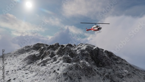 3D  Helicopter above peak mountain in winter time
