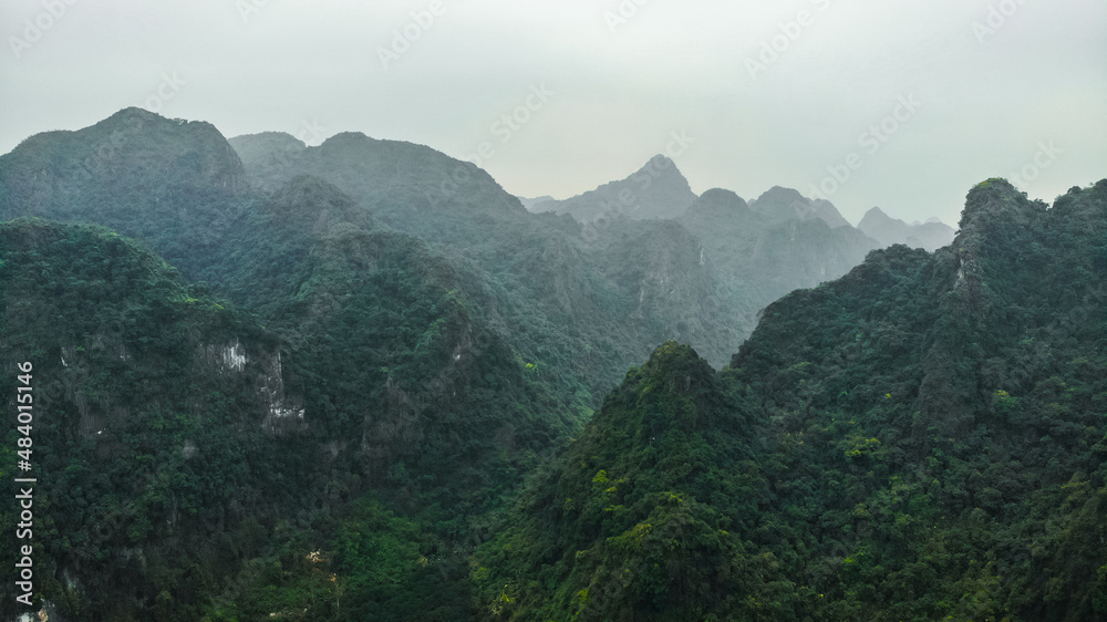 Aerial drone view of limestone mountains scenery in Cat Ba Island, Haiphong, Vietnam.