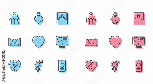 Set line Healed broken heart, Gender, Wedding cake with, Online dating app and chat, Heart, Dating online, Envelope Valentine and Bottle love potion icon. Vector