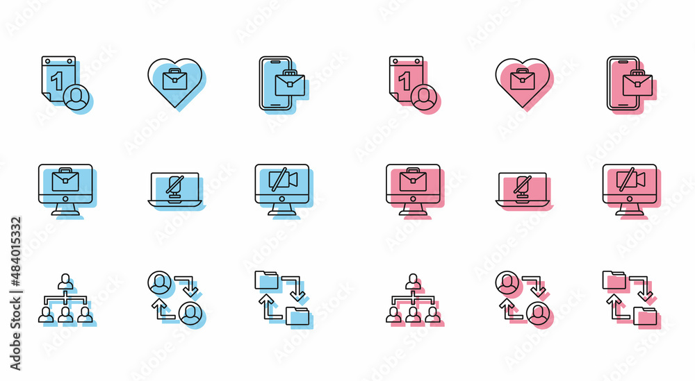 Set line Hierarchy organogram chart, Time management, Cloud storage document folder, Mute microphone on laptop, Video camera Off computer, Online working and Heart with text icon. Vector Set line Hierarchy organogram chart, Time management, Cloud storage document folder, Mute microphone on laptop, Video camera Off computer, Online working and Heart with text icon. Vector