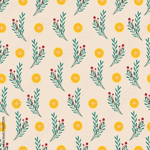 Branches with orange seamless pattern. Vector print flat cartoon style.