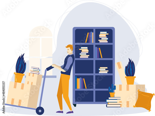 Relocation to New Apartment. A young guy packs his things in boxes. Transportation of boxes to a new place. The joy of moving. Books and flowerpots. Isolated flat vector illustration