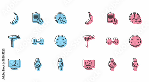 Set line Bodybuilder muscle, Smart watch, Banana, Dumbbell, Fitness ball, Carrot on fork and Sport training program icon. Vector