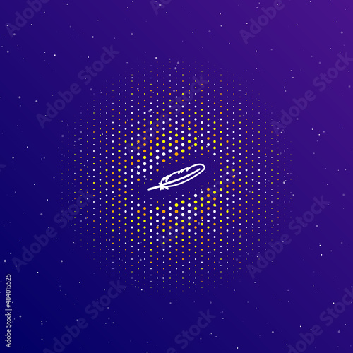 A large white contour feather symbol in the center, surrounded by small dots. Dots of different colors in the shape of a ball. Vector illustration on dark blue gradient background with stars