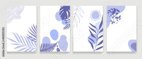 A set of abstract purple banners in a trendy very peri palette. Minimalist leaves and plants banners with space for text