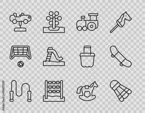 Set line Jump rope, Badminton shuttlecock, Toy train, Tic tac toe game, Swing car, Kid slide, Horse saddle swing and Skateboard trick icon. Vector