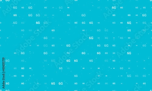 Seamless background pattern of evenly spaced white 6G symbols of different sizes and opacity. Vector illustration on cyan background with stars