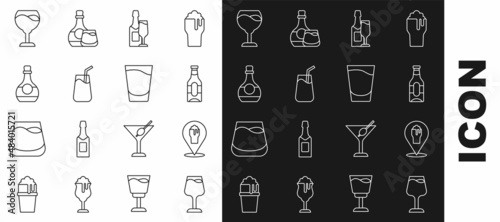 Set line Wine glass, Alcohol or beer bar location, Beer bottle, Champagne and, Cocktail, Bottle of cognac brandy, and Shot icon. Vector