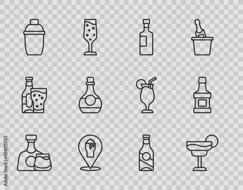 Set line Whiskey bottle and glass, Cocktail, Wine, Alcohol or beer bar location, shaker, Bottle of cognac brandy, Beer and icon. Vector